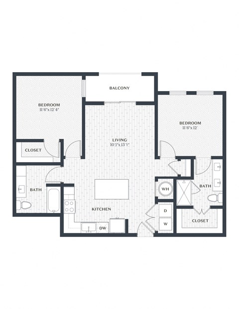 Floor plan for 2 beds, 2 baths, 1043 sqft